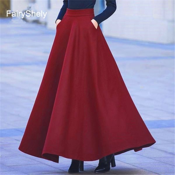 FairyShely Herbst Winter Retro Hohe Taille Faltenrock Frauen Casual Tasche Woolen Maxi Rock Weibliche Flare Rot Lange Rock 210309