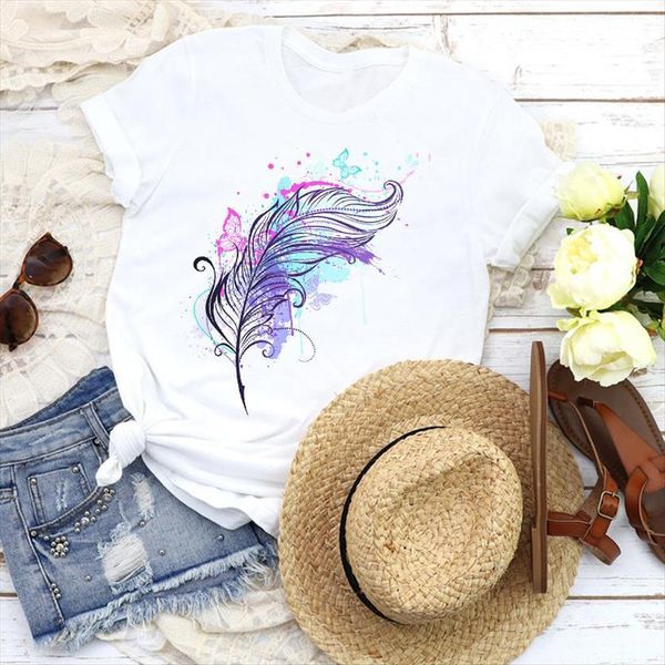 

graphic vintage feather watercolor women t shirts printing 90s fashion tees print clothing female womens, White