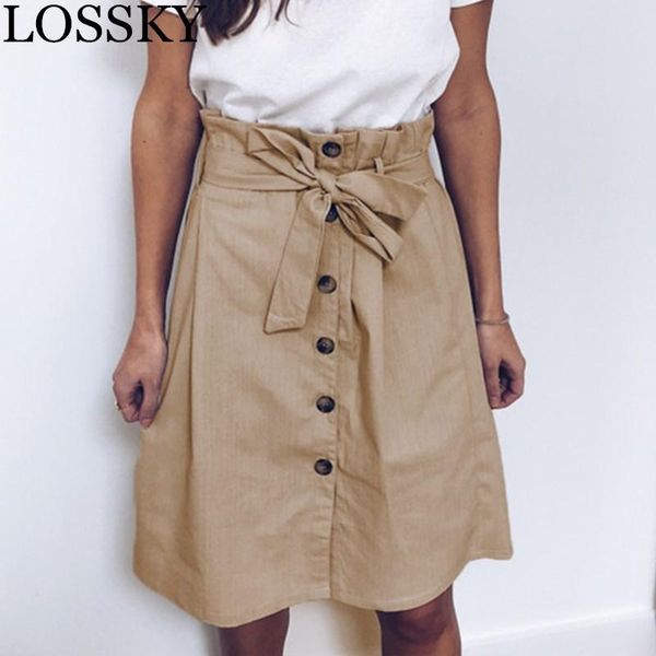 

skirts lossky khaki spring skirt casual knee length sashes korean elegant button high waist female school 2021, Black