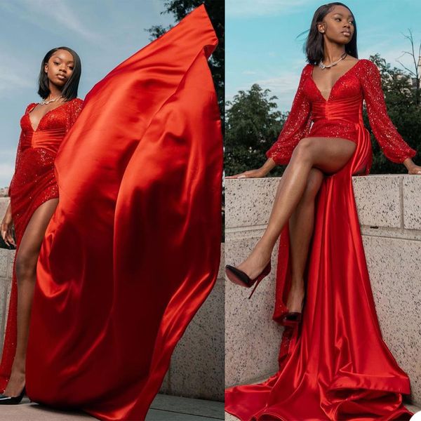 

2021 elegant evening dress v neck long sleeves crystal beads formal a line women prom party gowns custom made ruffle vestidos de fiesta cele, Black;red