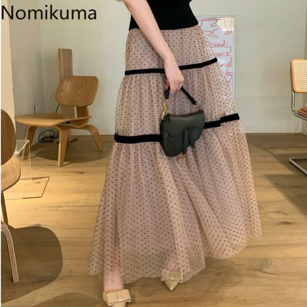 

autumn new high waist skirt women slimming gauze polka dot skirts female korean style vintage fashion jupe longue femme 3d453 210303, Black