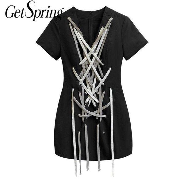 

getspring women dress drawstring bandage black dresses short sleeve slim thin ladies irregular vintage autumn 210601, Black;gray
