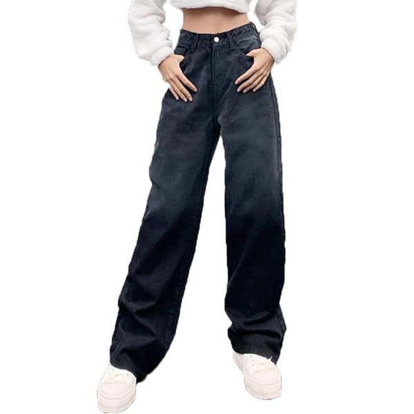 

black jeans women spring 2021 fashion gradient color high waist straight leg woman casual loose denim pants pantalon mujer, Blue