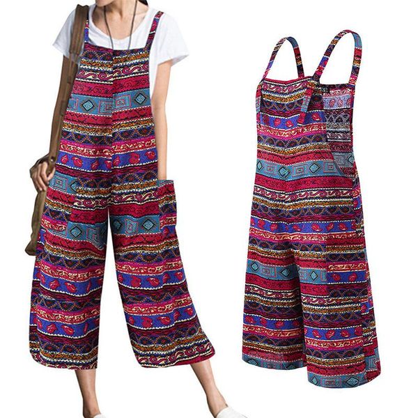 

women's jumpsuits & rompers womens jumpsuit pockets print cotton and linen sleeveless loose long body, Black;white