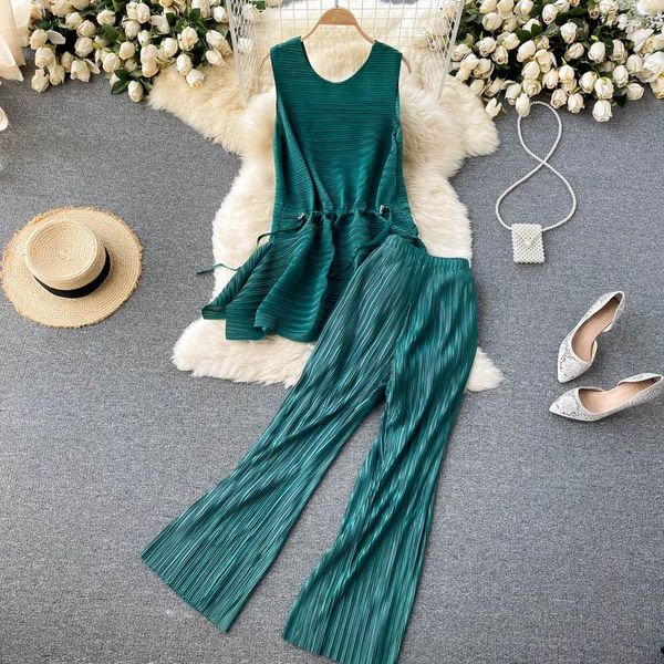 

women's two piece pants women summer casual suits vacation v neck sleeveless drawstring tank +high waist wide leg long set, White