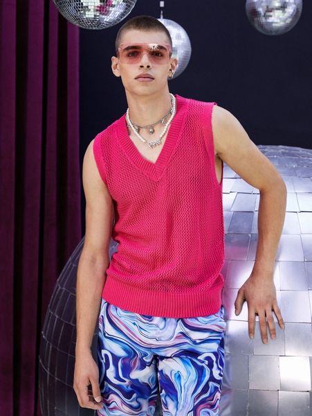 

men solid v neck pointelle knit sweater vest z33e#, White;black