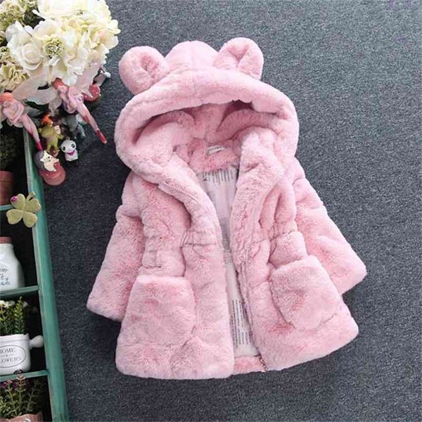 Nette Kinder Mädchen Baumwolle gepolsterte Pelzmäntel Jacken Winter Baby Mädchen Kapuzen Ohr dick warm winddicht Oberbekleidung Kinder Kleidung Rosa 210713