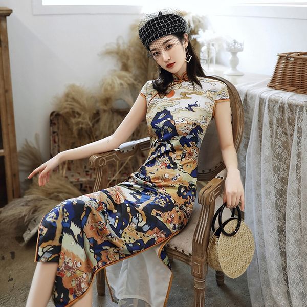 

chinese traditional dress cheongsam qipao women girls party fashion vintage retro floral print satin long oriental dress 10293, Red