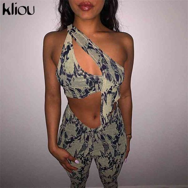 Kliou ästhetischer Druck zweiteiliges Set Frauen Frühling Sexy Halter rückenfrei ärmelloses Crop Top + dehnbare Leggings Co-Ord Anzug Trend 210727