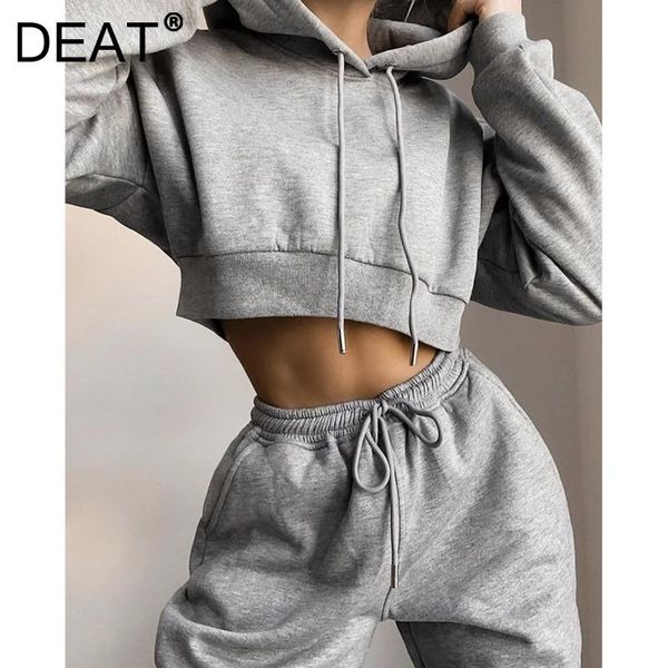 

women's two piece pants [deat] 2021 autumn fashion tide long sleeve hooded collar sweatshirt high waist pencil women two-piece suit 13z, White