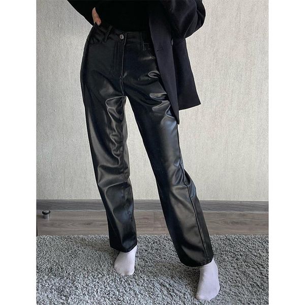 

women's pants & capris women 2021 black faux leather high waist pockets fashion straight leg casual elegant trousers streetwear, Black;white