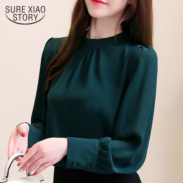 

women's blouses & shirts 2021 office lady elegant solid pullover shirt for women autumn chiffon long sleeve blouse plus size ladies 10, White