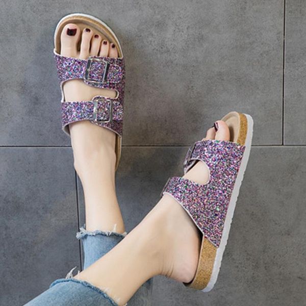 

slippers dazzling color glitter slip on cork women outside flip flops sandals shoes woman bling elevated slides mujer 2021, Black