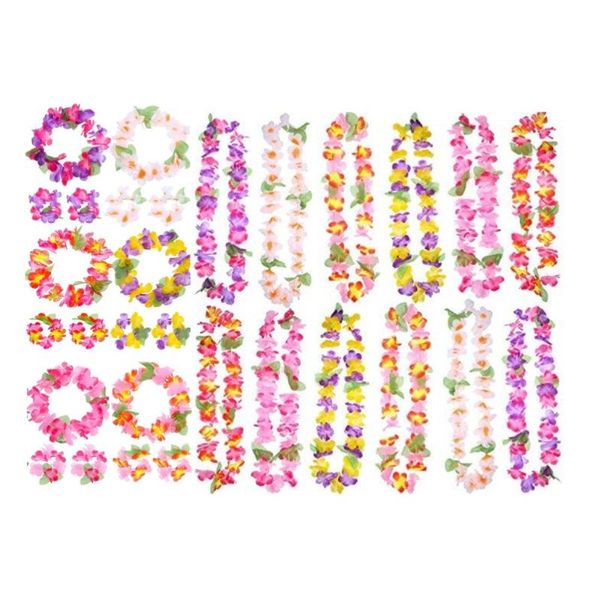 

6pcs hawaiian garland artificial flower headband necklace bracelet set tropical beach party fancy dress (1pc sunset red and pink