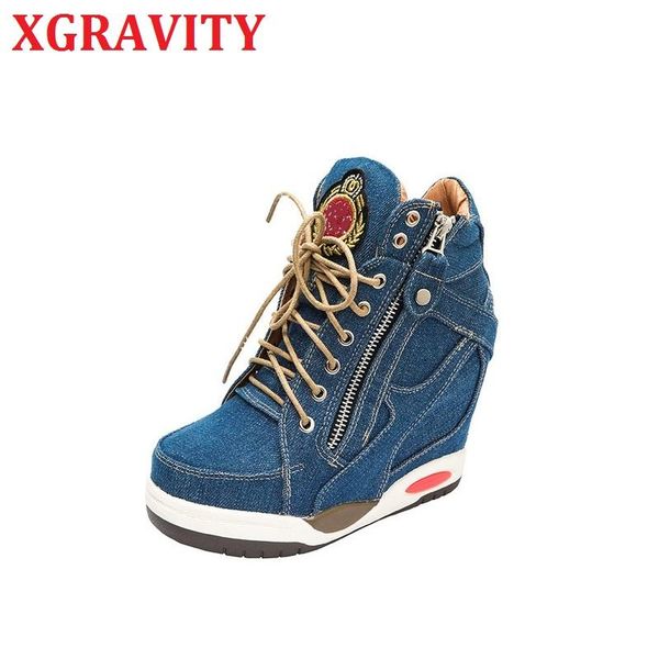 

boots xgravity 2021 autumn height increasing denim booties women fashion lace up high heels shoes lady b057, Black