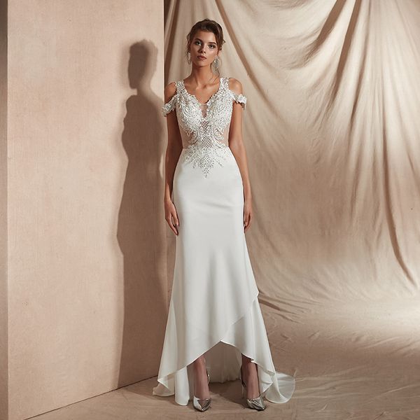 

beach wedding dress for bride, sequins lace applique sheer bodice cold the shoulder satin skirt hi-lo fit and flare gown, White