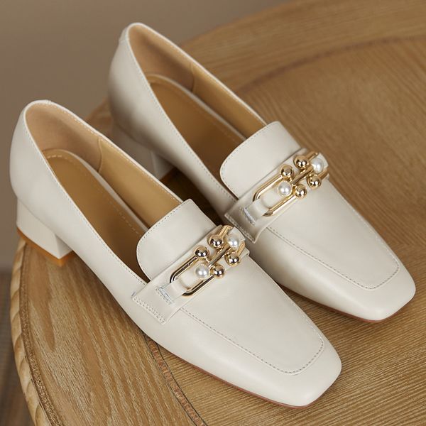 

Womens gneuine leather thick low heel square toe slip-on pumps beading metal buckle casual OL style dailycomfortable shoes sale, Beige