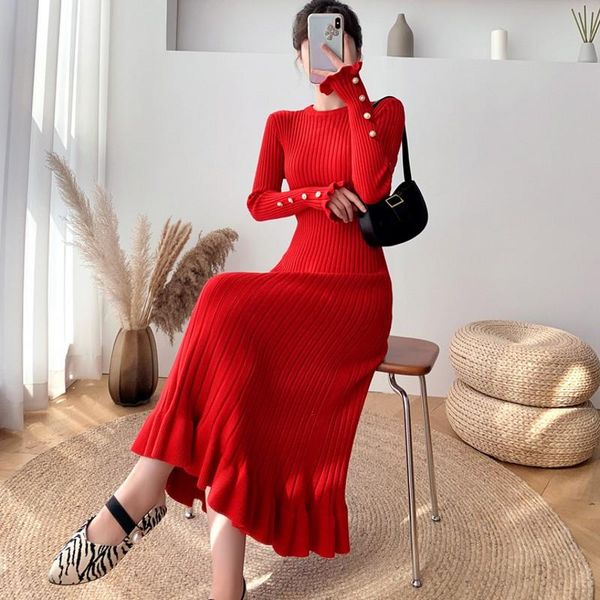 

casual dresses 2021 autumn winter elegant women thick mermaid sweater dress o-neck long sleeve knit, Black;gray
