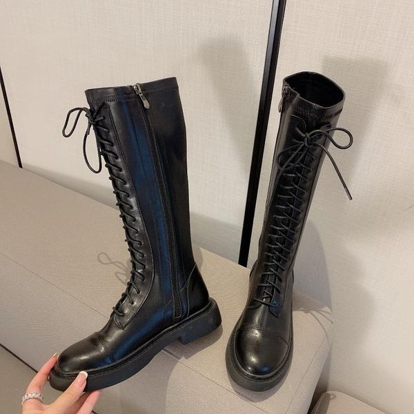 

boots women knee lace up with zipper warm winter shoes long ladies luxury footwear heel fashion designer, Black