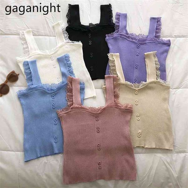 

fashion women solid knitted camis crop female casual lace tank vest sleeveless bodycon club streetwear 210601, White