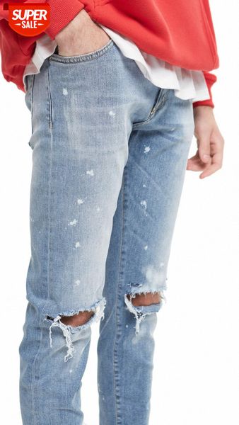 

men's jeans kanye slim-fit stretch with cut holes and splash ink #c50b, Blue