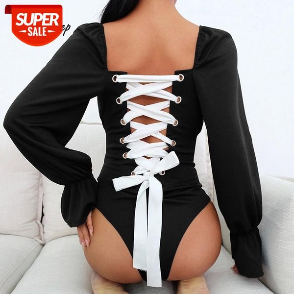 

weekeep hollow out lace up bodycon long sleeve bodysuit bandage square neck streetwear body romper one piece jumpsuits 2020 #mm26, White