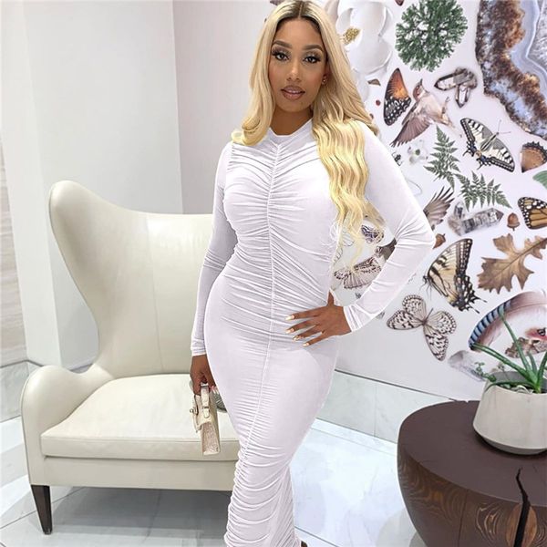 

bodycon ruched long maxi dress women long sleeve o neck night club party tight dress pleated autumn ladies dresses, Black;gray