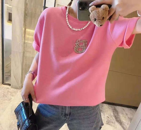 

2021 spring designer new european beaded reflective letter slim short sleeve t-shirt women cotton blouse clothing hiphop clothes fashion, White