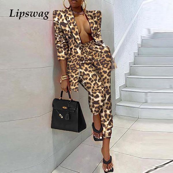 

women's two piece pants fashion leopard print outfits autumn turn-down collar blazer and long suit vintage set female streetwear, White