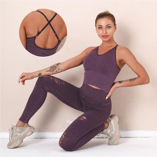 

yoga outfit seamless suit for women sport outfits 2 piece crop bra leggings hollow workout gym fitness set training clothing