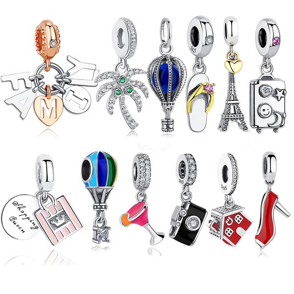 ELESHE Gerçek 925 Ayar Gümüş Charm Boncuk Aile Ev Seyahat Kamera Eyfel Kulesi Ayakkabı Charm Fit Orijinal Bilezik DIY Takı Q0531