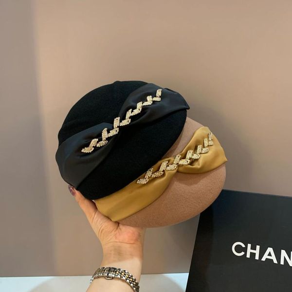 

stingy brim hats french high-end fashionable wool beret autumn and winter england wild silk ribbon painter hat outdoor warm small top, Blue;gray