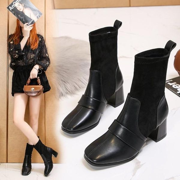 

boots 2021 women shoes square toe fashion stitching thick heel large size 44 short, Black