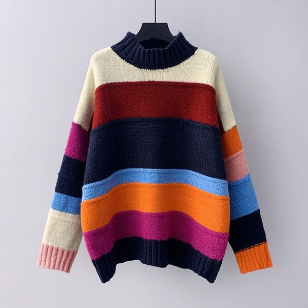 

languid style rainbow sweater retro color striped sweater women's new winter loose long sleeve pullover vintage jumper, White;black
