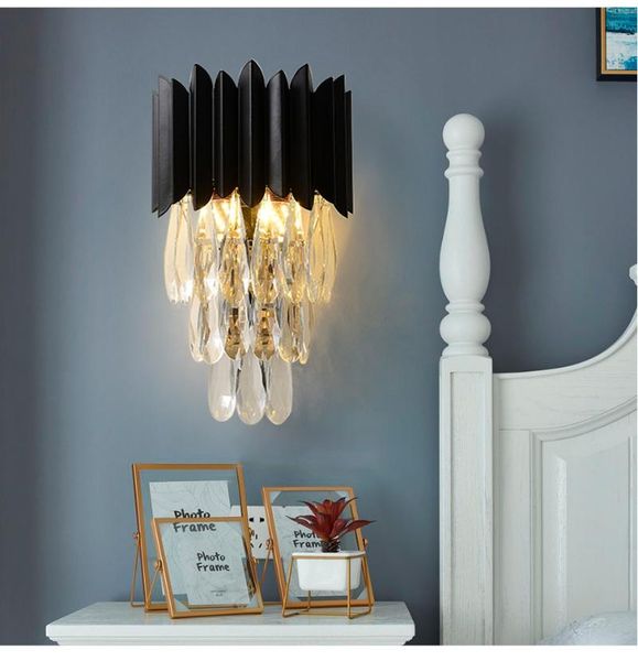 

wall lamp luxury crystal living room bedroom bedside light black metal sconce