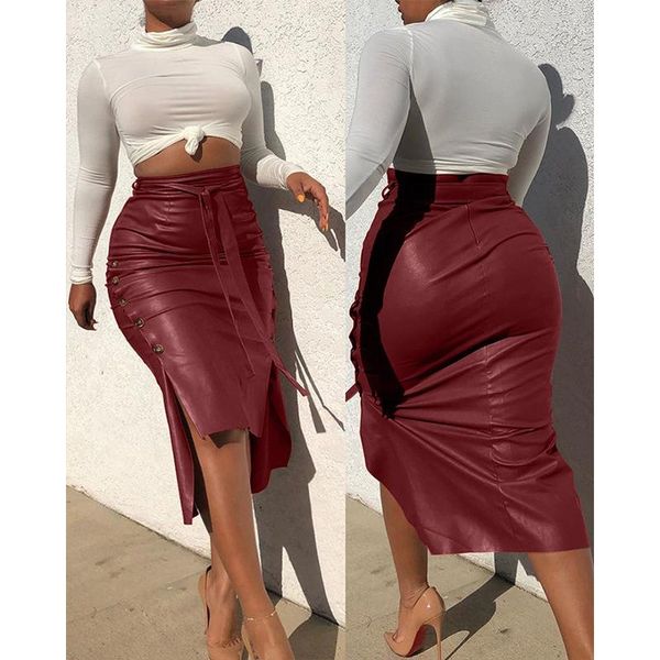

women bandage pu leather party skirt fashion solid faux leather side button skirt casual bodycon split midi pencil skirts, Black