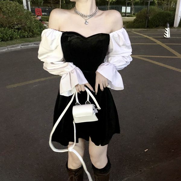 

off shoulder elegant dress women patchwork party mini dress female high street korean backless dress plus size, Black;gray
