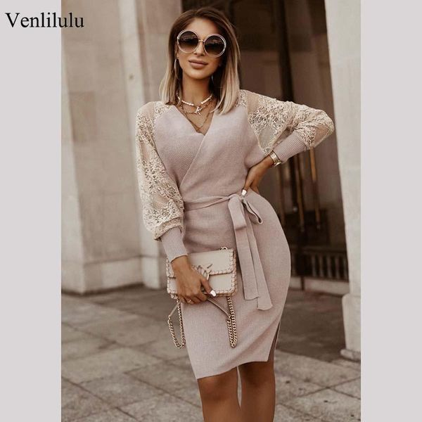 

autumn winter lace long sweater women knitted sweater dress female v neck sweaters ladies elegant tight pullovers, White;black