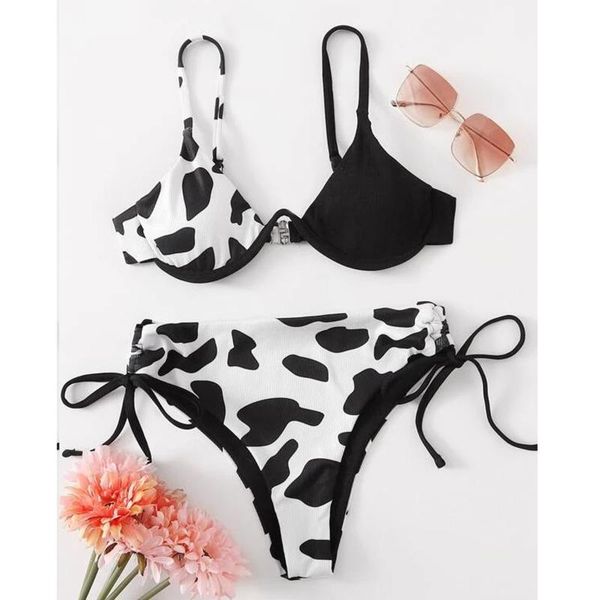 

women's swimwear patchwork print micro bikini set cow push-up bra beachwear string high cut backless swimsuit #t1q, White;black