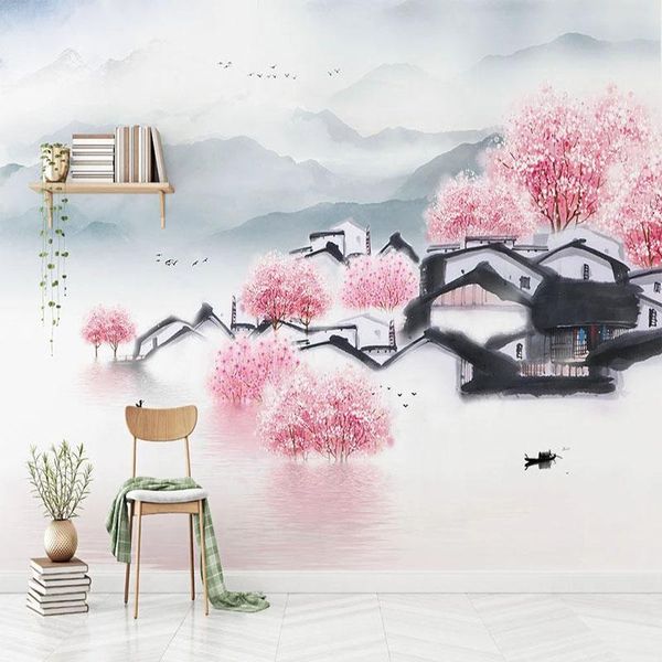 

wallpapers custom wallpaper chinese style hand painted architecture peach blossom landscape murals living room tv sofa study wall stickers