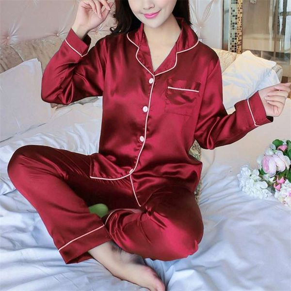 2 pcs pijamas sets mulheres lapela imitação de seda manga comprida casa desgaste senhoras mujer sensual cetim tops + calças camisola sleepwear outono 210928