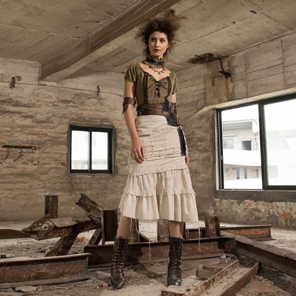 

skirts steampunk long skirt apricot ruffle cotton vintage women's sp215wi, Black
