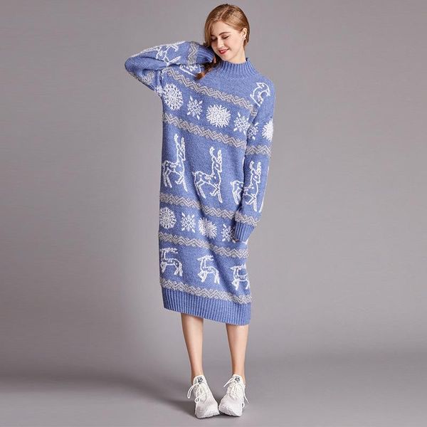 

casual dresses long turtleneck sweater dress women knitwear sleeve deer chirsmtas woman knitted winter 2021 ladies, Black;gray