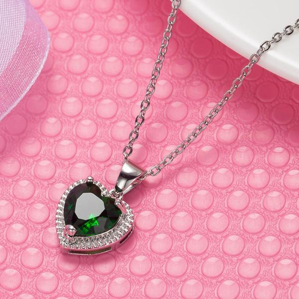

pendant necklaces luxury female crystal green zircon stone necklace cute wedding aesthetic cubic heart pendants for girls, Silver