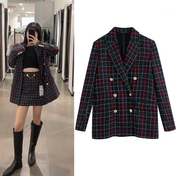 

jesi spring women's coat plaid temperament vintage double-breasted ladies suit long sleeve office commuter, White;black