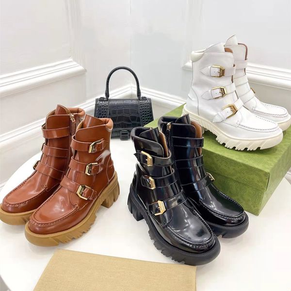 

metal buckle thick bottom retro short boots round toe wedge heels platform boots genuine leather winter warm boots, Black