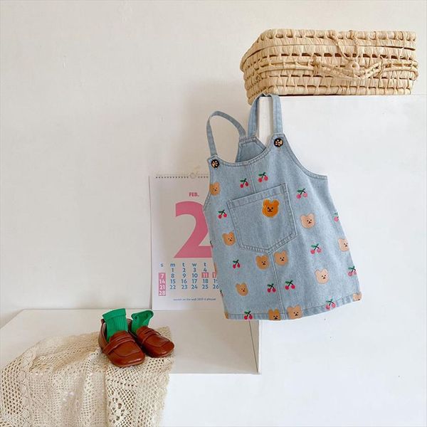 

summer girls denim outfits bear girl dress print korean kids clothes, Red;yellow