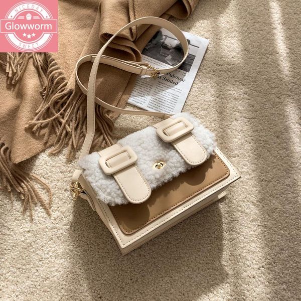 

fashion lambswool crossbody bags for women design soft plush shoulder bag luxury pu leather messenger bag lady small flap winter