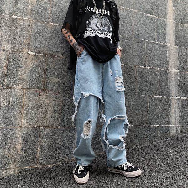 

fake two-piece pants 2021 new streetwear high waist hole jeans loose straight wide leg women's fashion wik8, Black;white