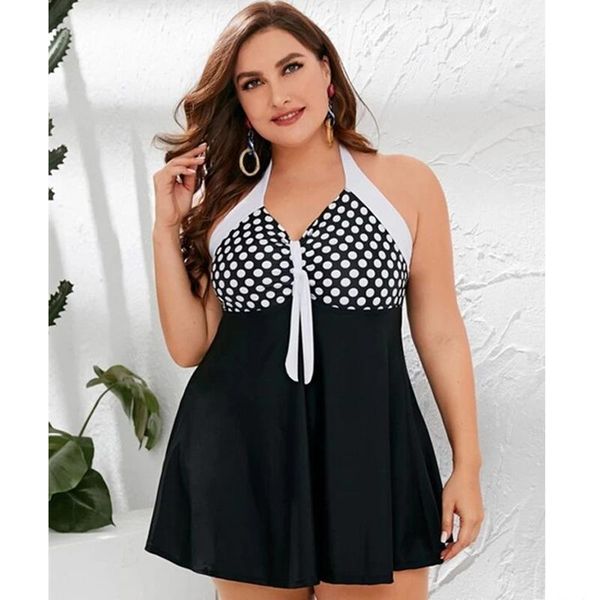 

2021 new tankini plus size swimwear dot print open back swimdress &shorts large size swimsuit women beach wear bathing suit